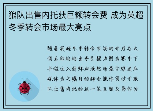 狼队出售内托获巨额转会费 成为英超冬季转会市场最大亮点 狼队出售内托获巨额转会费 成为英超冬季转会市场最大亮点